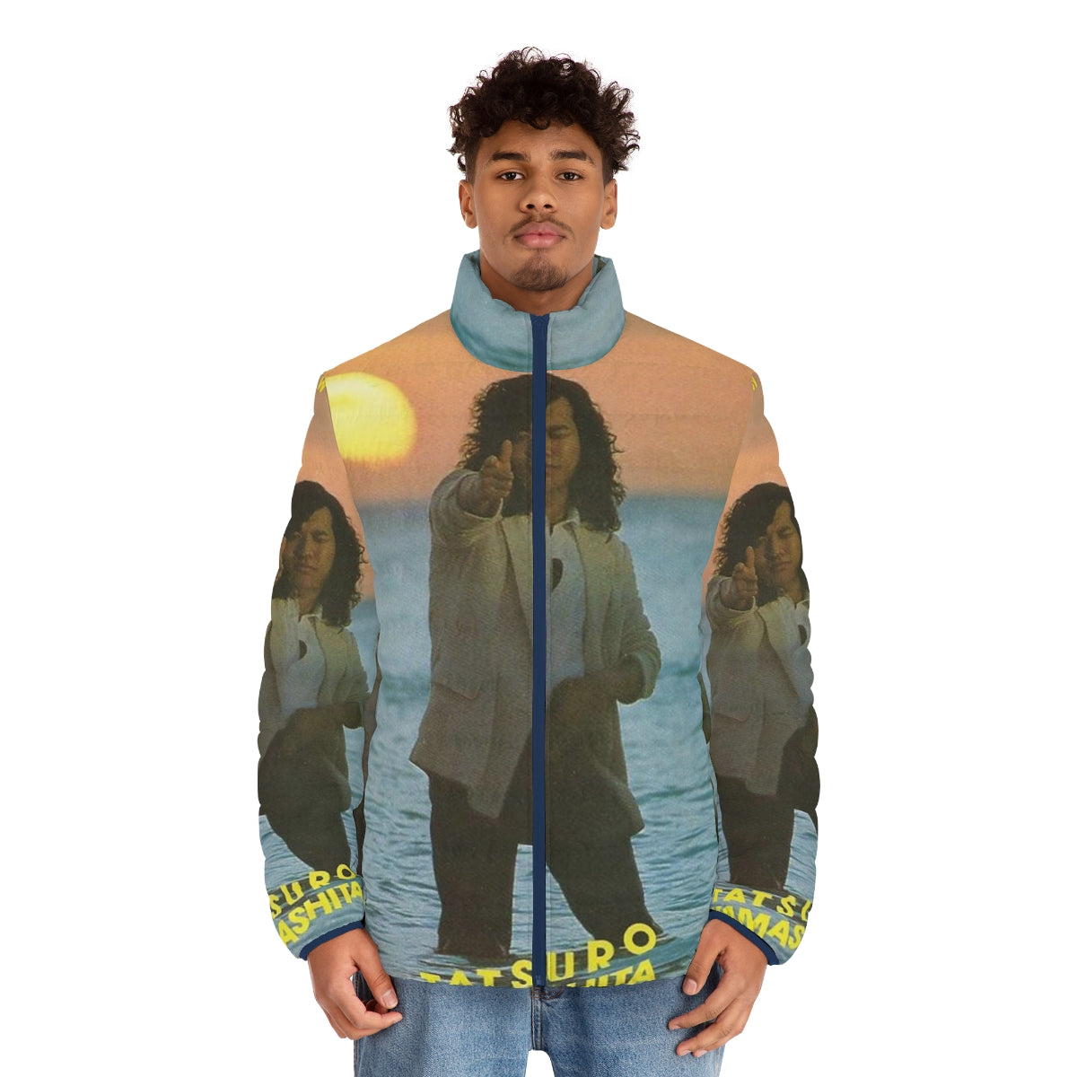 Retro puffer jacket featuring the album cover art for Tatsuro Yamashita's "Ride On Time" - men front