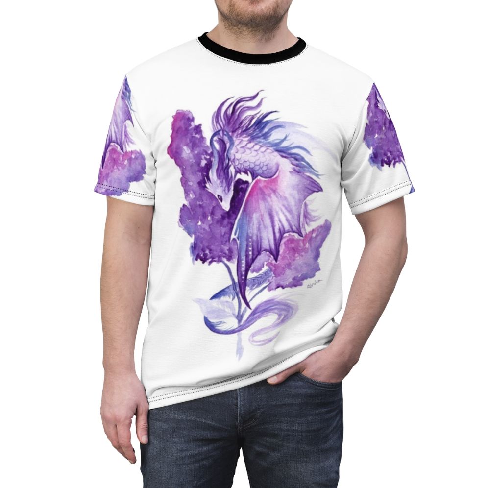 Watercolor illustration of a lilac flower dragon on a t-shirt - men front