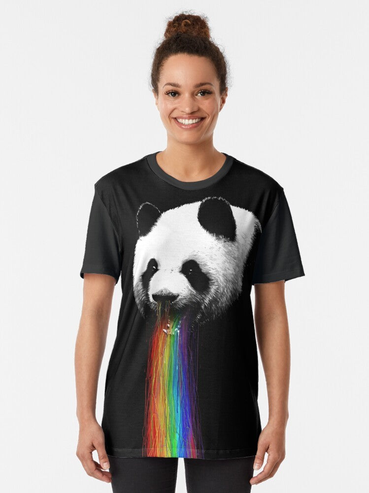 Colorful graphic t-shirt with a panda design, featuring a funny and humorous illustration. - Women