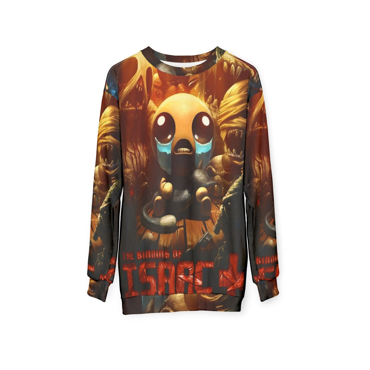 The Binding Of Isaac Sweatshirt featuring key characters from the popular videogame - hanging