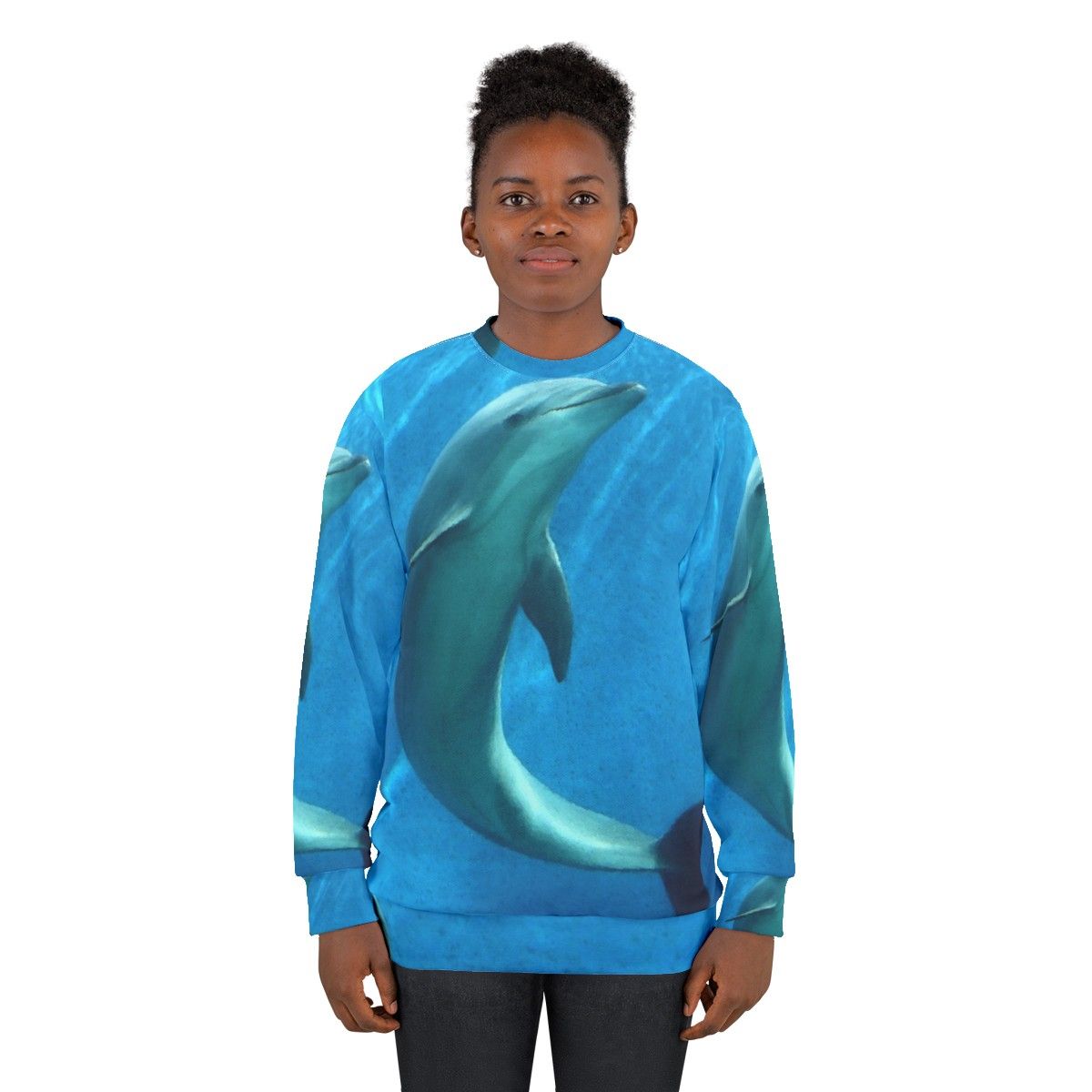 Colorful dolphin fantasy graphic on a modern sweatshirt - women