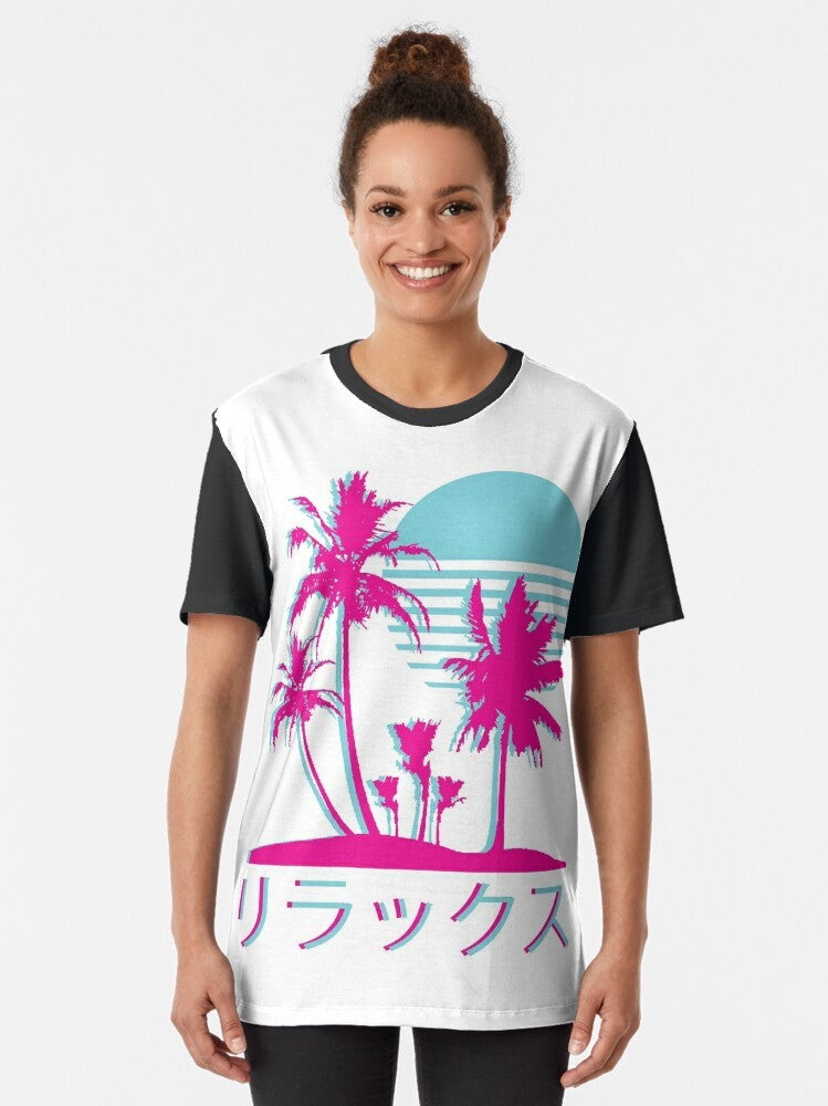 Vaporwave aesthetic retro 1980s 1990s graphic t-shirt with neon palms design - Women