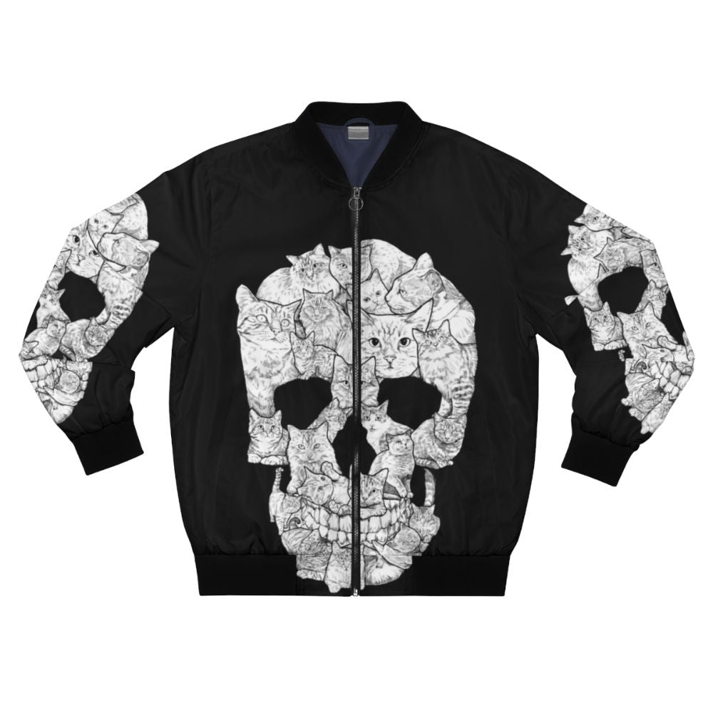 A stylish bomber jacket featuring a fearsome cat skull design, perfect for horror and goth enthusiasts.