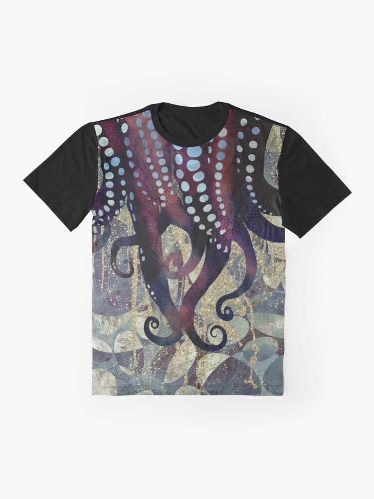 Metallic ocean graphic t-shirt with an abstract nature design featuring underwater elements in shades of blue, purple, and gold. - Flat lay