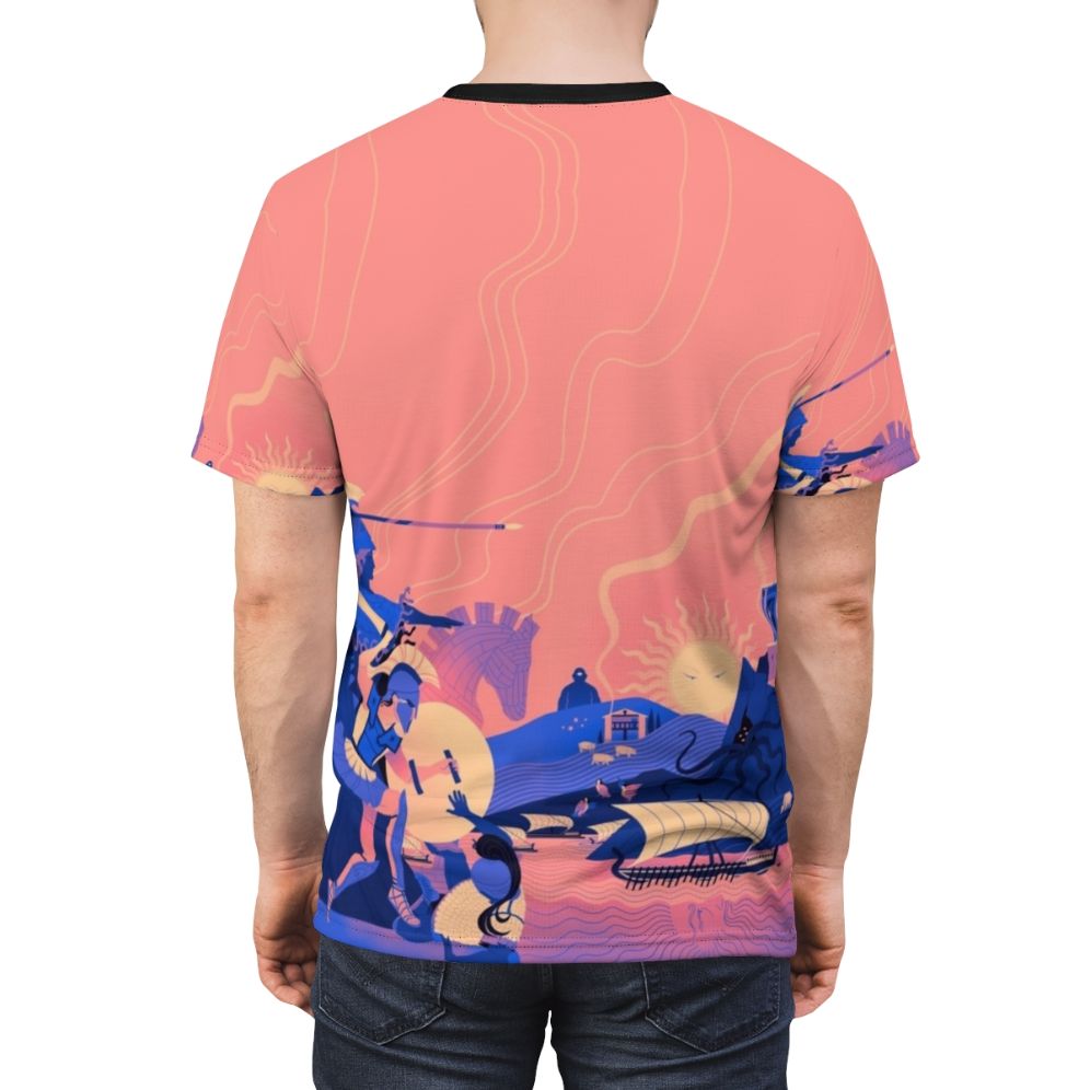 A vibrant t-shirt featuring a Homeric landscape design with elements from the Iliad and Odyssey, including Achilles, Patroclus, Minerva, Hector, Odysseus, Penelope, and more. - men back