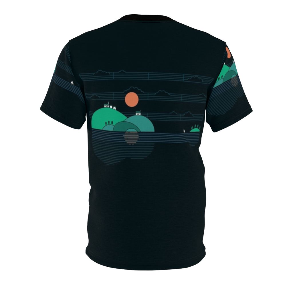 Artistic t-shirt design featuring a scenic island landscape with a guitar, sailboat, and sun - Back