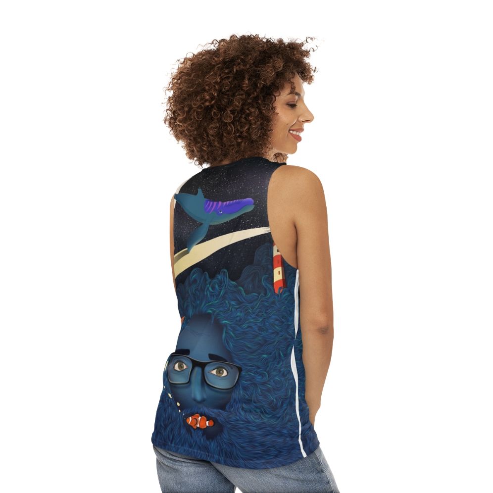 Unisex tank top with a deep thoughts and calma art ocean-themed fantasy design - women back