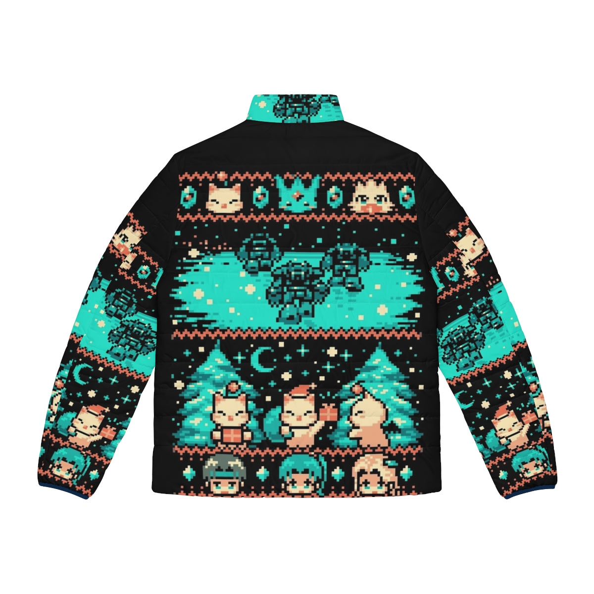 Cozy winter fantasy puffer jacket with retro pixel art design - Back