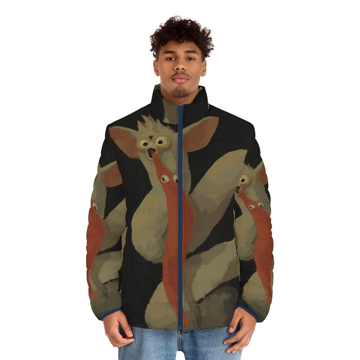 Puffer jacket featuring a disturbing depiction of the Greek god Saturn devouring his son, a dark and bizarre space-inspired design. - men front