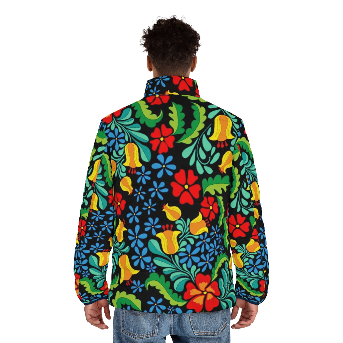 Seamless ethnic pattern in traditional Mexican style on a puffer jacket - men back