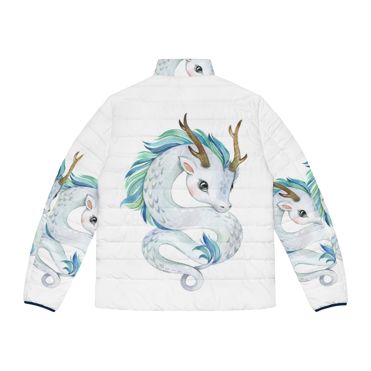 Cozy puffer jacket featuring a cute mythical dragon design - Back