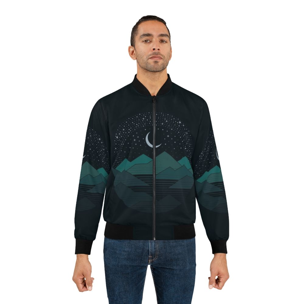 Minimalist bomber jacket with night sky, mountains, and stars graphic design - Lifestyle