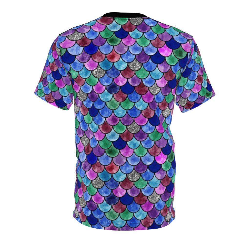 A colorful t-shirt featuring a whimsical watercolor illustration of a rainbow fish with glittery scales. - Back