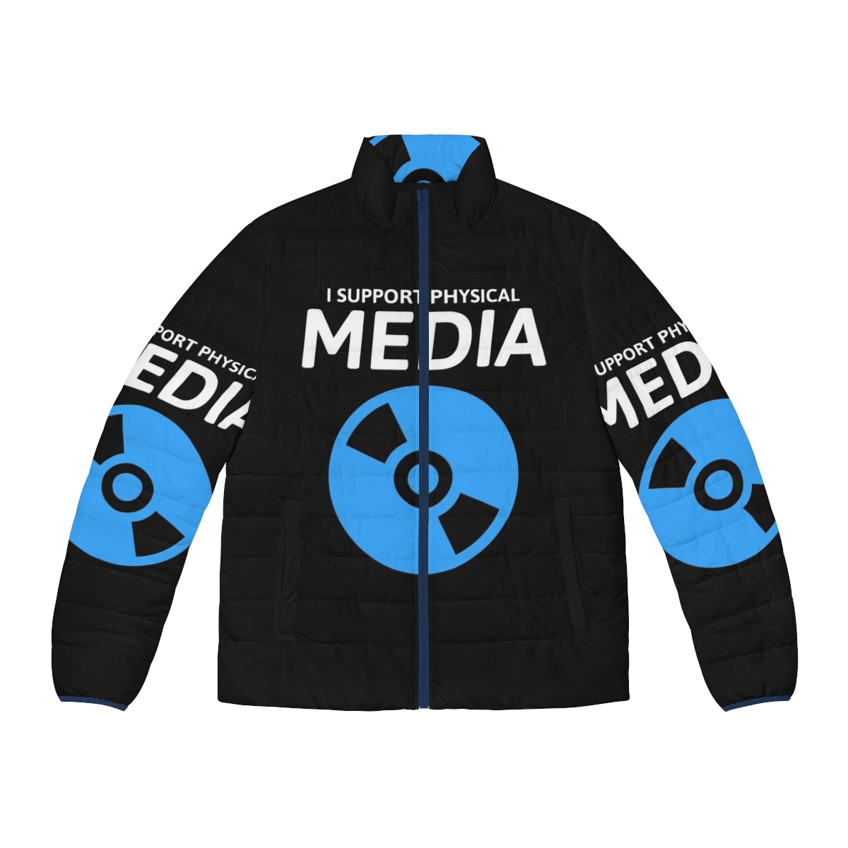 I Support Physical Media Blu-Ray Disc Design Puffer Jacket for movie lovers and film enthusiasts