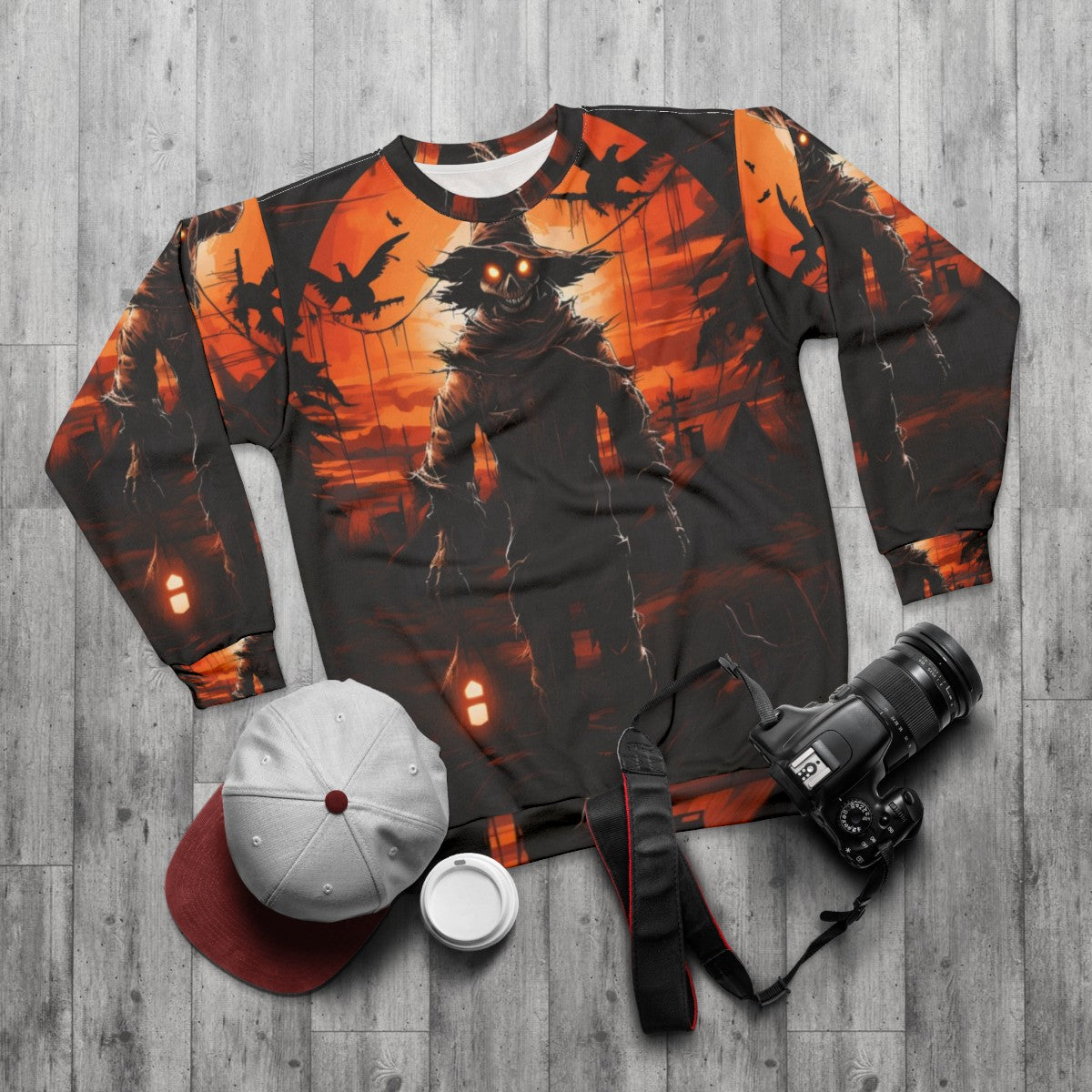 Terrifying full moon and scarecrow halloween sweatshirt - flat lay