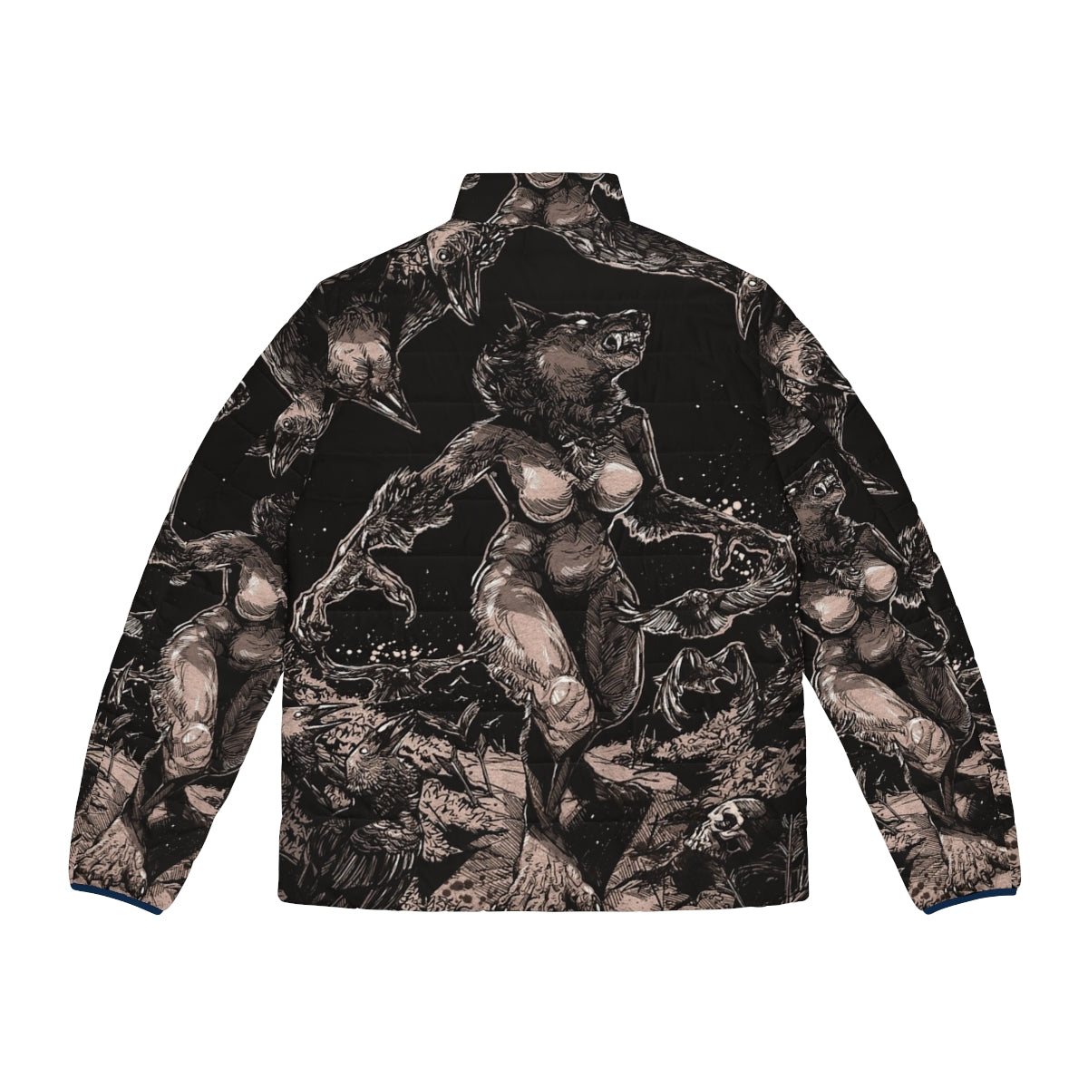 Puffer jacket with wolf and werewolf design for outdoor adventures - Back