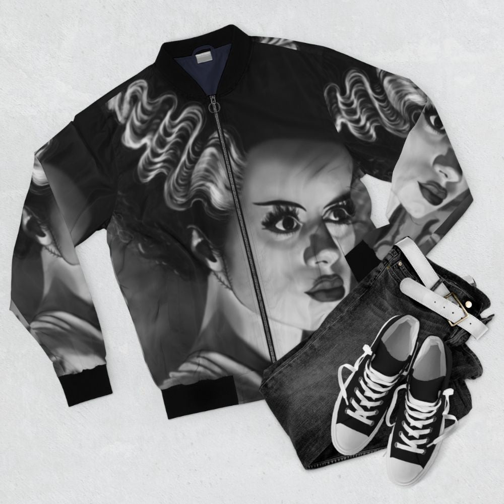 Classic horror-inspired "Bride of Frankenstein" bomber jacket - Flat lay