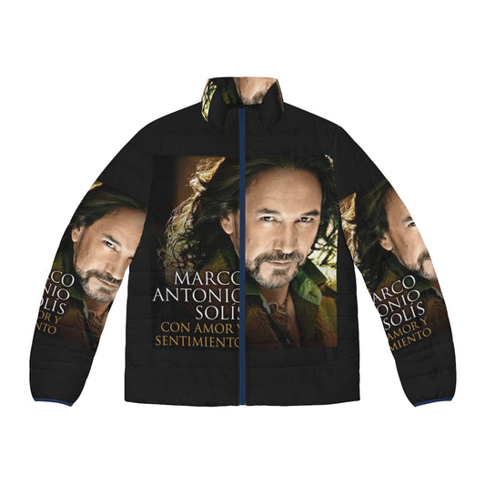 El Buki Loteria Card Puffer Jacket featuring iconic Mexican singer Marco Antonio Solis