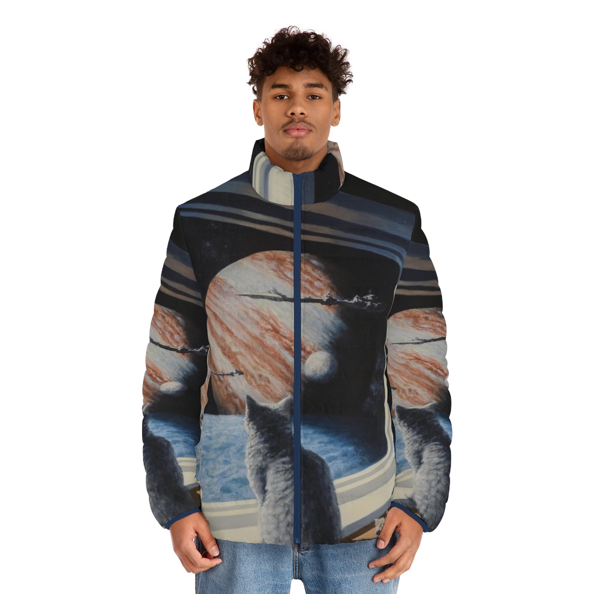 A stylish puffer jacket featuring a cat in a space suit, against a backdrop of a science fiction painting. - men front