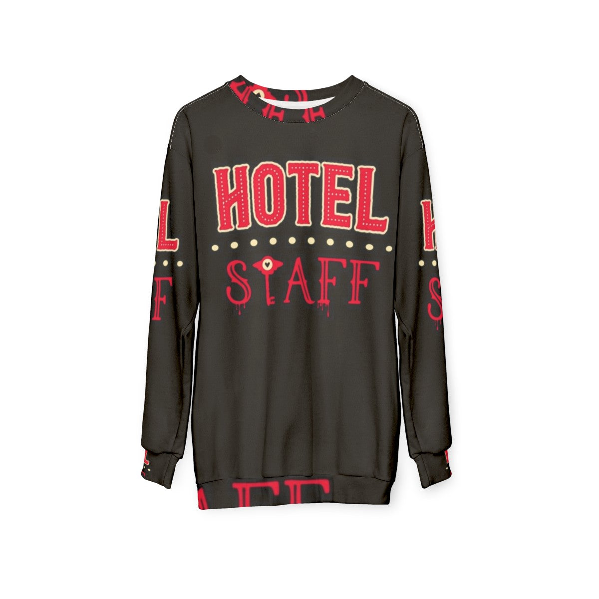 Hazbin Hotel Staff Sweatshirt featuring Alestor, Angel Dust, and other characters - hanging