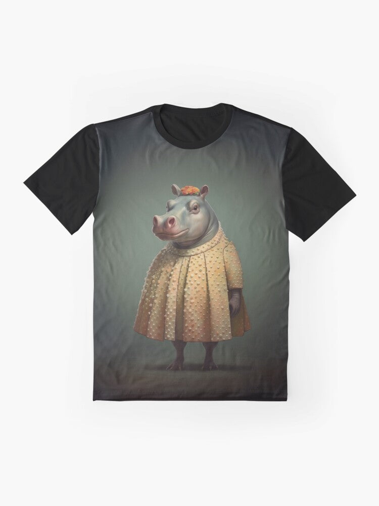 Vintage 1950s style graphic t-shirt featuring a personified hippopotamus character in yellow - Flat lay