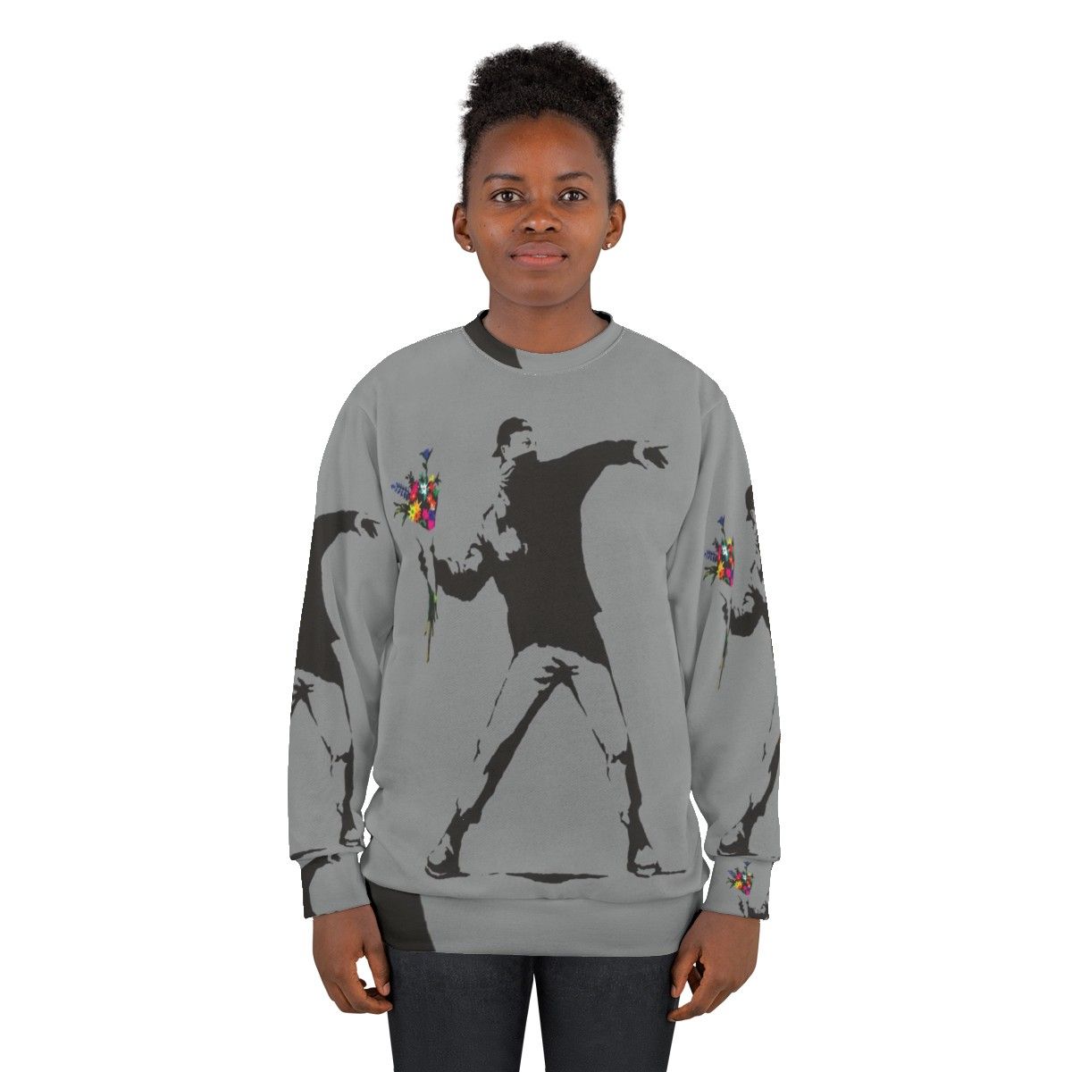 Banksy inspired sweatshirt featuring protester throwing flowers graphic - women