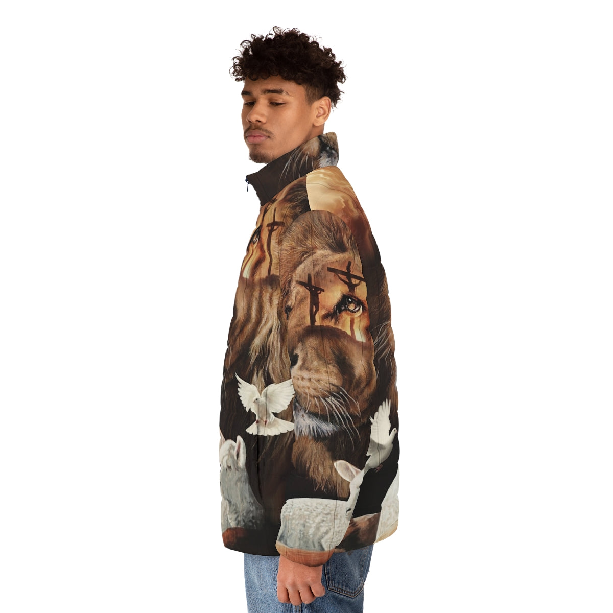 A puffer jacket featuring the Lion of Judah and the Lamb of God design - men side left