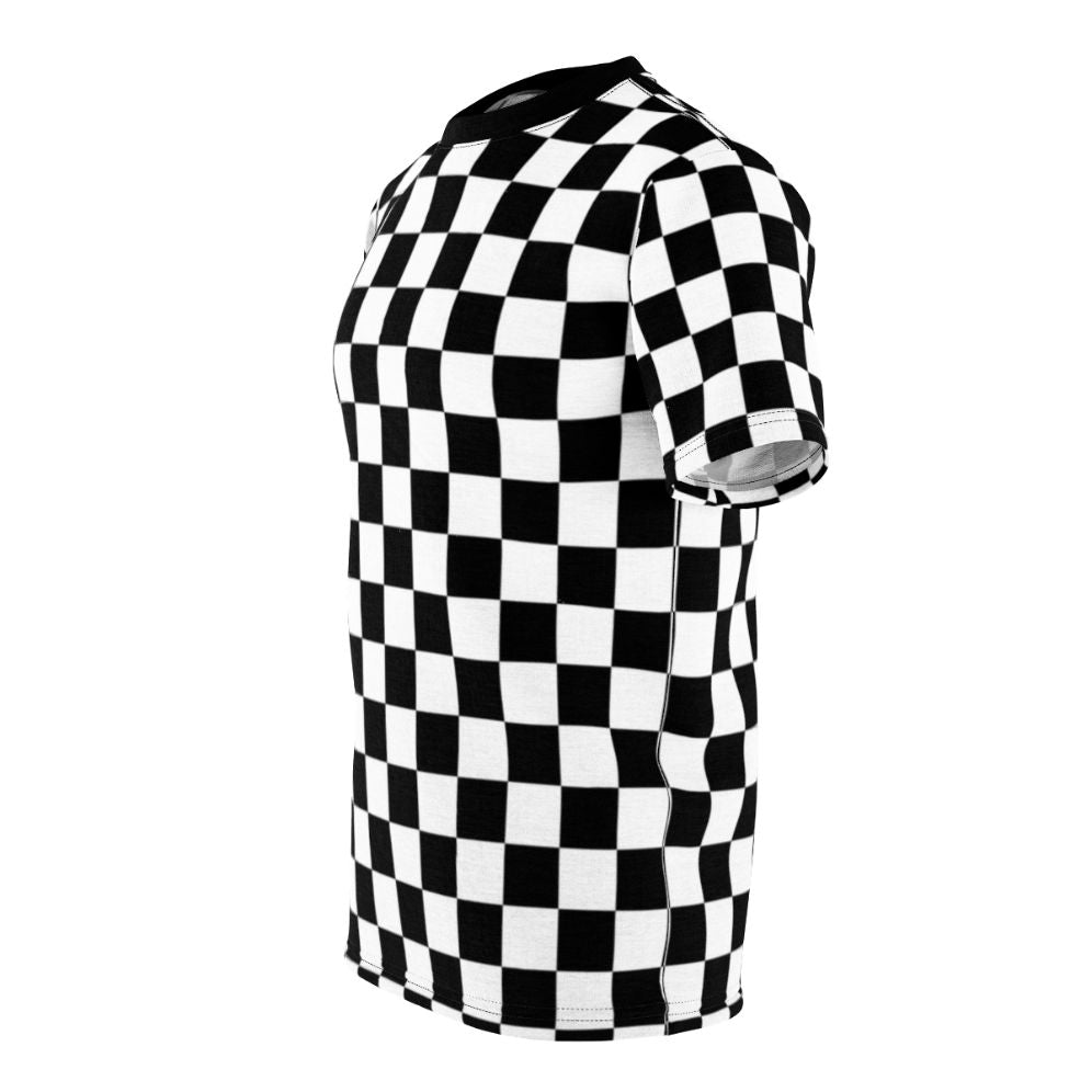 Stylish black and white checkerboard pattern design on a quality t-shirt - men left