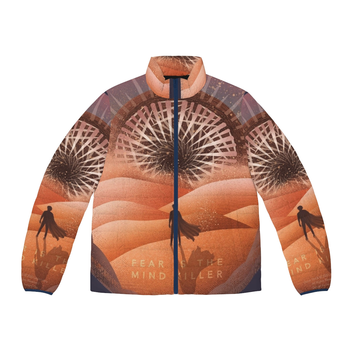 Dune The Fear Is The Mind Killer Puffer Jacket featuring a sandworm design