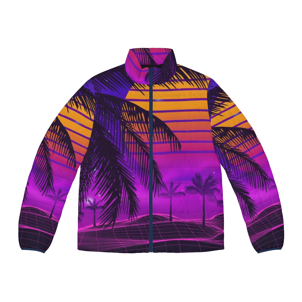 Retro 80s synthwave puffer jacket with neon sunset aesthetic