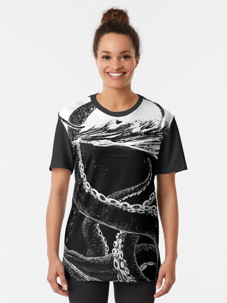 Kraken graphic t-shirt with a black and white illustration of a giant sea monster with tentacles - Women