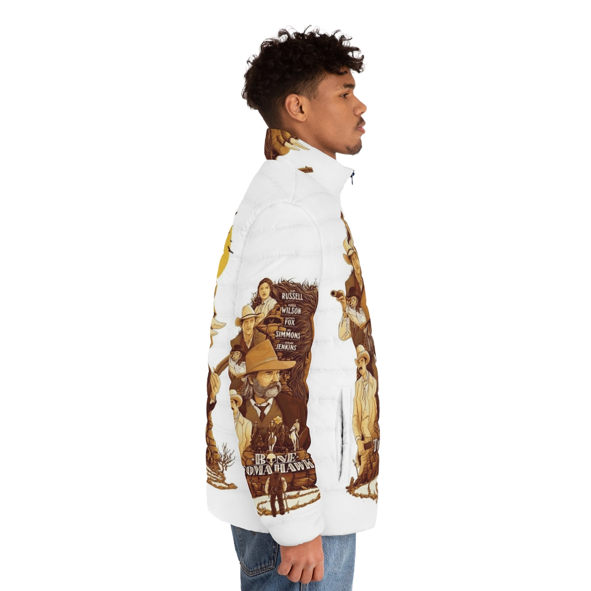 Bone Tomahawk Western Movie Puffer Jacket with Vintage Wild West Inspired Artwork - men side right