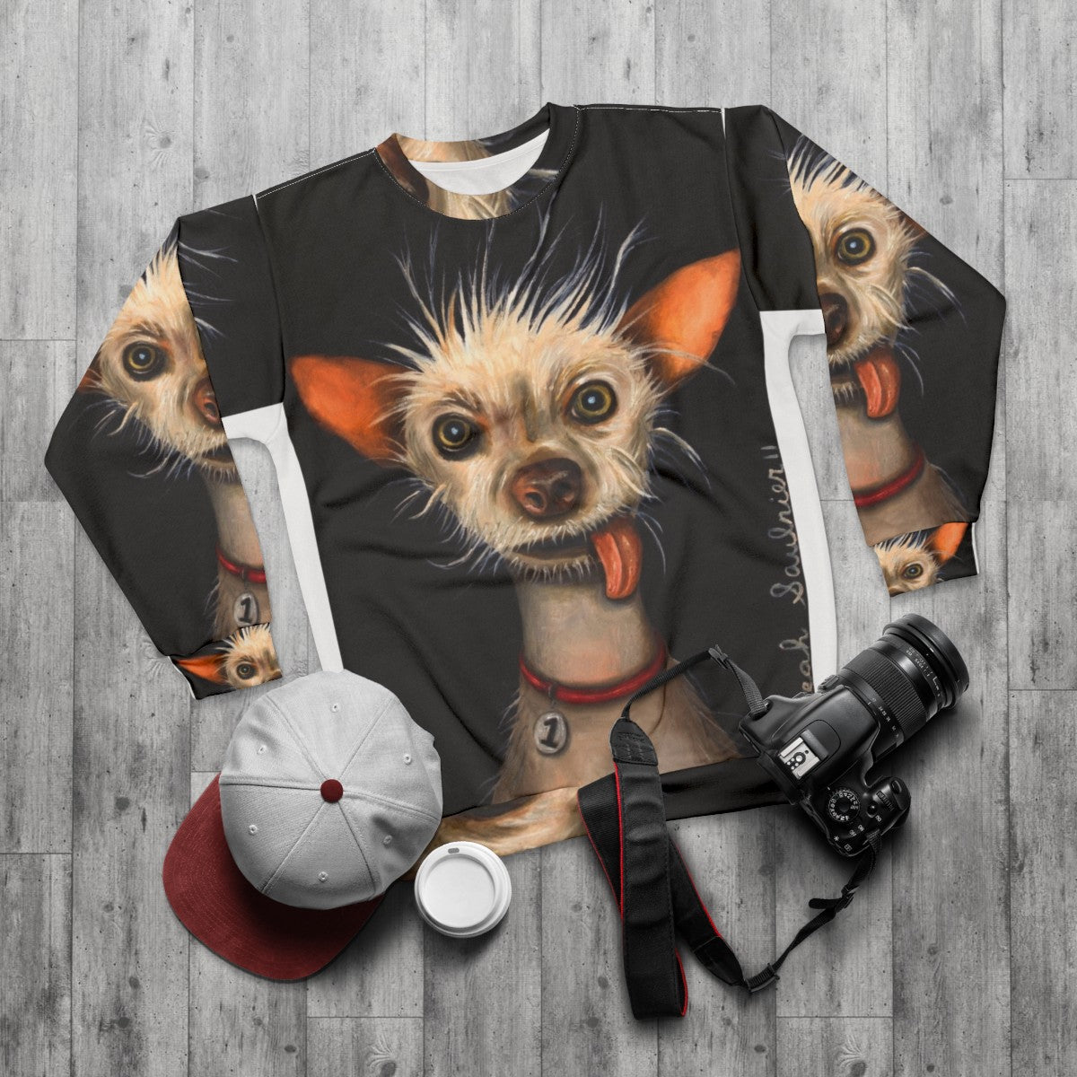 Ugly Dog Sweatshirt with Funny and Goofy Chihuahua or Chinese Crested Design - flat lay