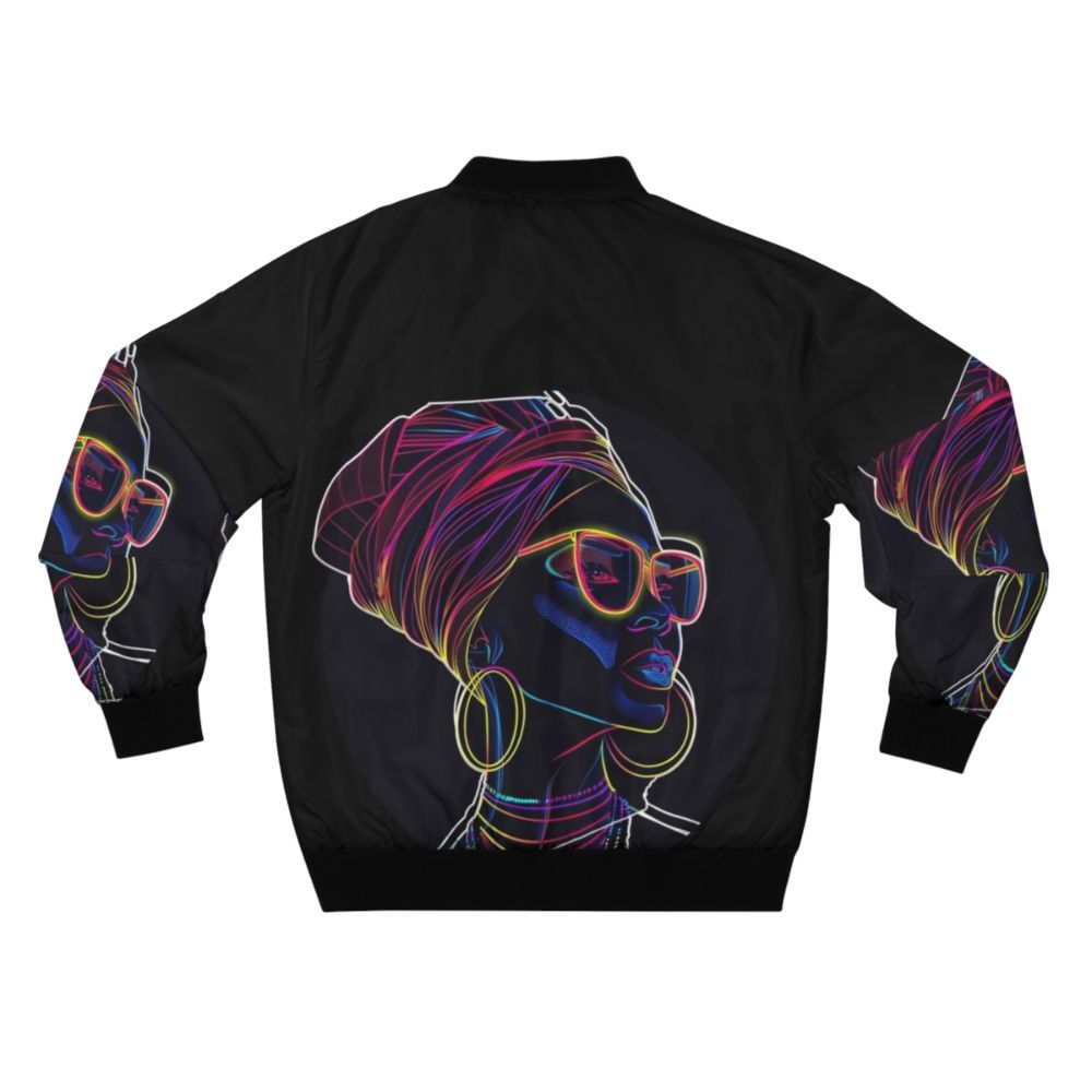 Radiant Queen Neon Bomber Jacket featuring a vibrant, glowing silhouette of an African woman in modern, artistic illustration style. - Back