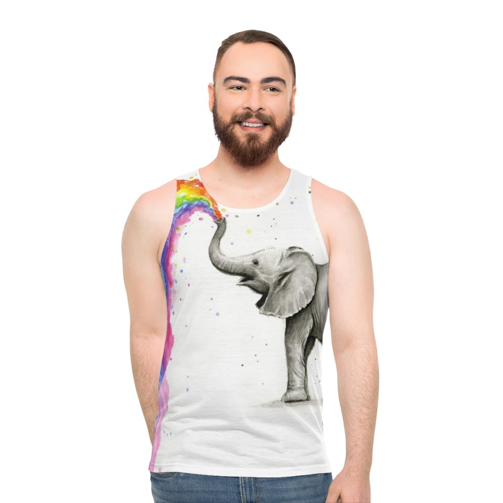 Baby elephant spraying rainbow watercolor design on unisex tank top - men