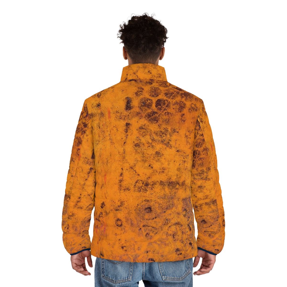 Colorful autumn foliage puffer jacket with abstract, hand-painted design - men back