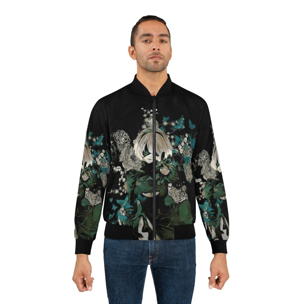 A fantasy-inspired dark floral bomber jacket with butterflies and anime-inspired design elements. - Lifestyle