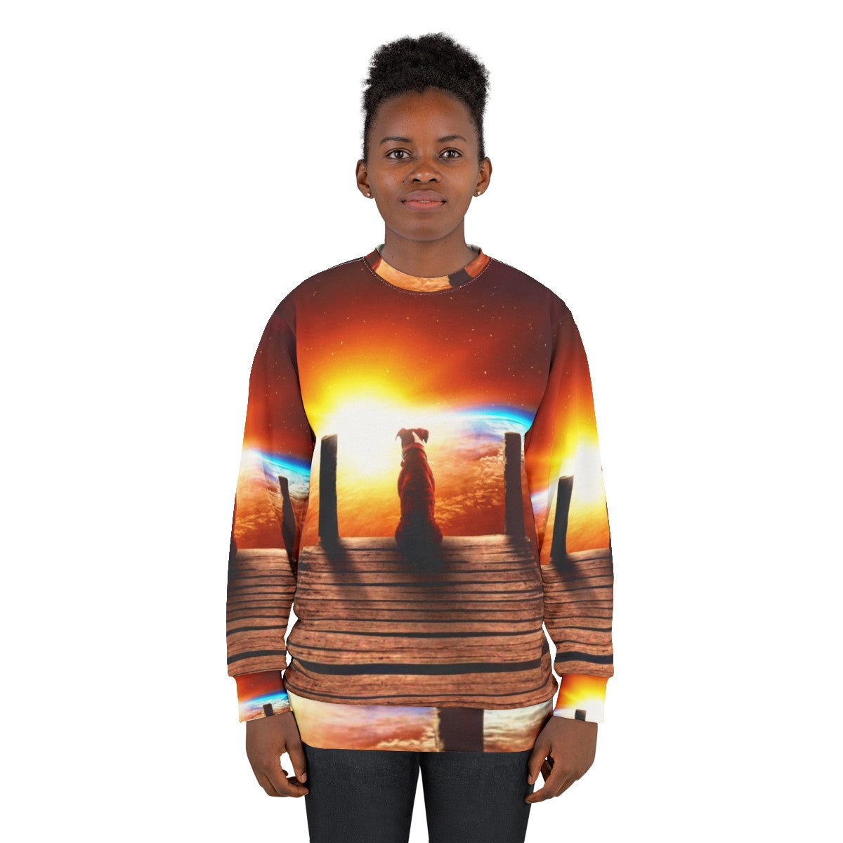 Surreal sci-fi sweatshirt with a dog in space design - women