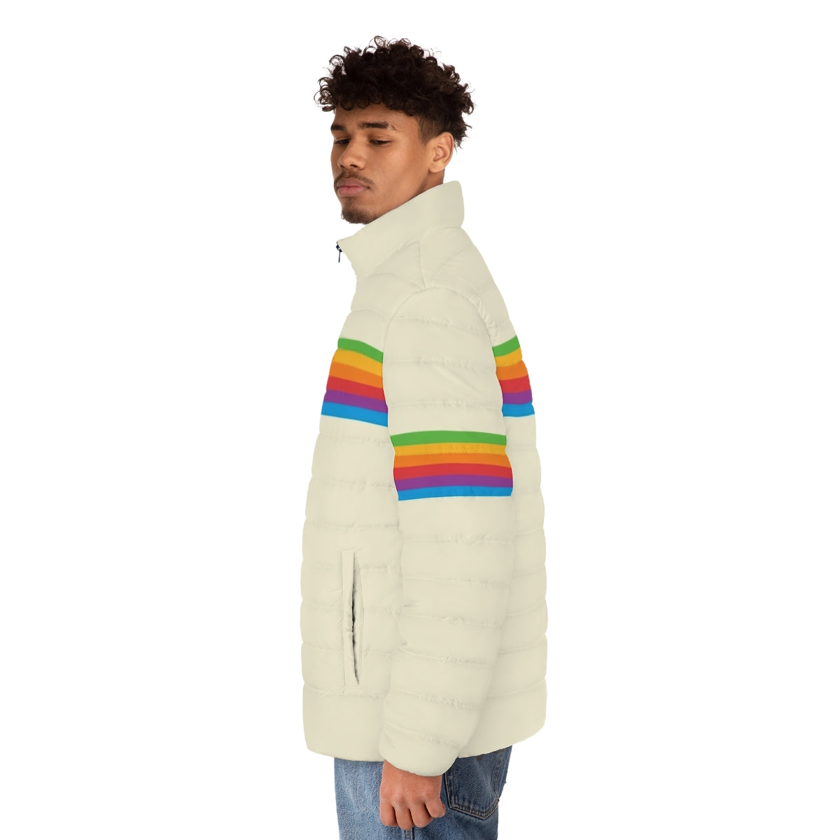 Retro colorful puffer jacket with an Apple rainbow design - men side left