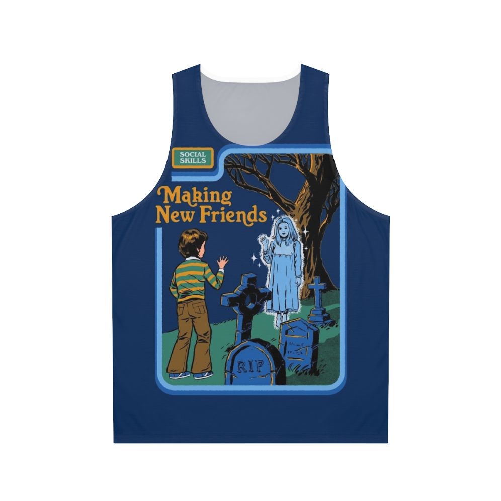 Retro horror-themed unisex tank top with "Making New Friends" design