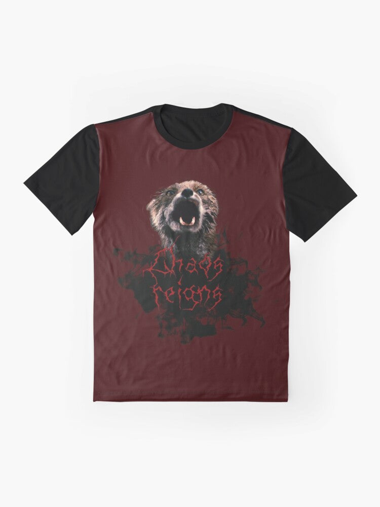 Chaos Reigns occult graphic design t-shirt with satanic and horror inspired imagery - Flat lay