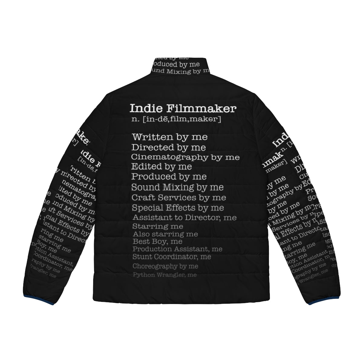 Indie filmmaker wearing a stylish puffer jacket for movie production - Back