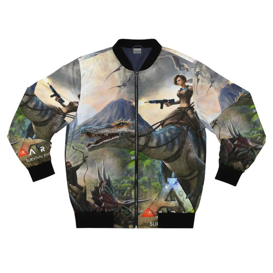 Bomber jacket with Ark Survival Evolved gaming and dinosaur design