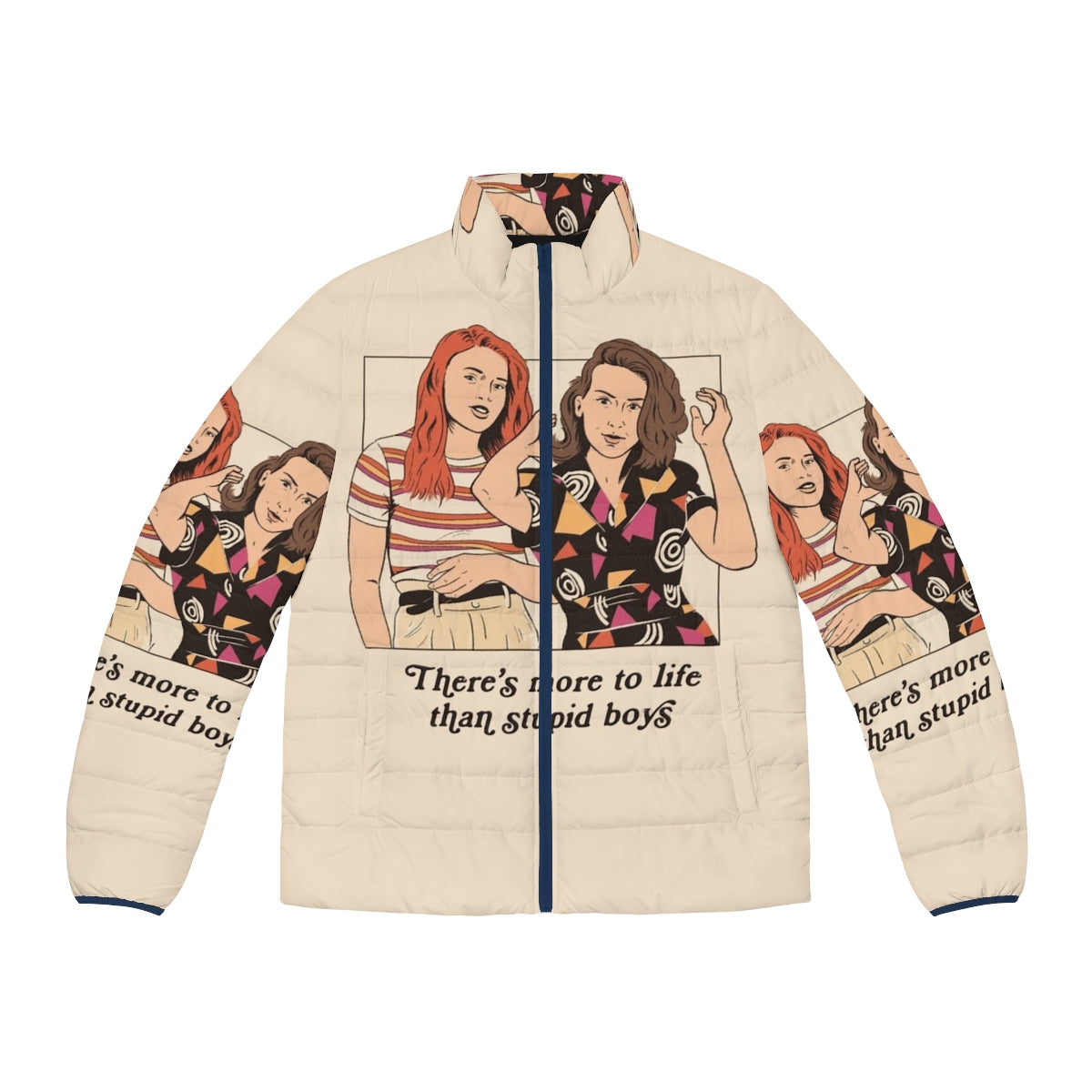 Retro feminist puffer jacket with Stranger Things-inspired design