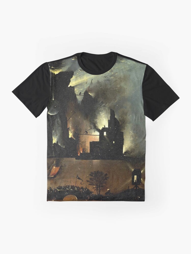 Hieronymus Bosch "Hell" graphic t-shirt design featuring surreal, religious imagery - Flat lay