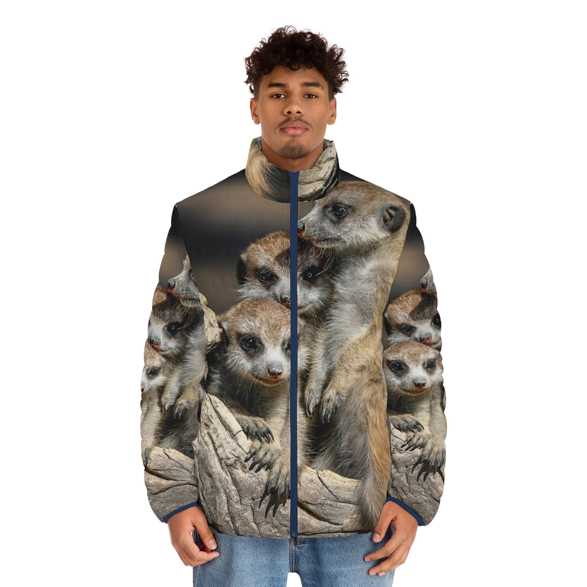 Meerkat Manor Puffer Jacket featuring meerkats in the Australian Hunter Valley - men front