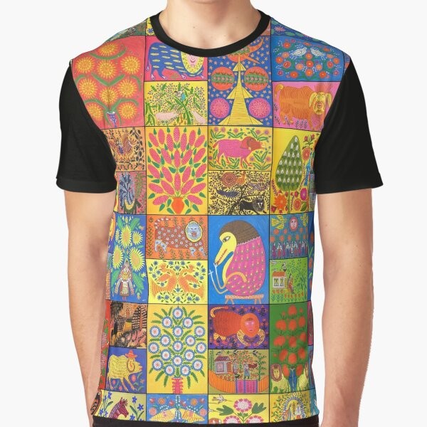 Colorful graphic t-shirt featuring the iconic folk art paintings of Ukrainian artist Maria Pryimachenko