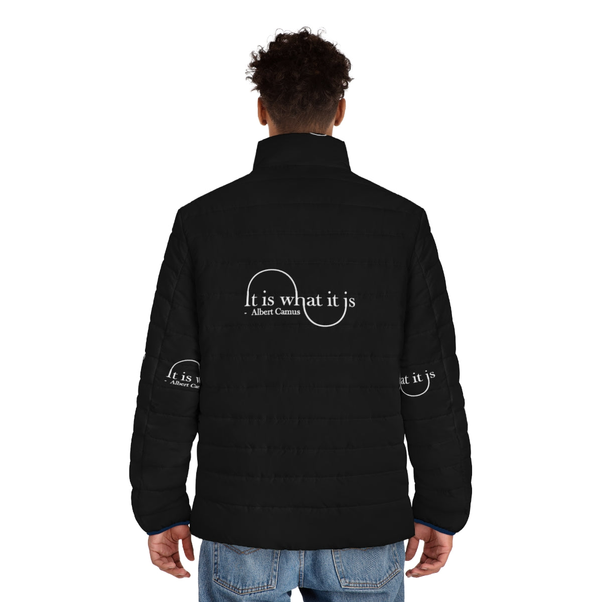 Albert Camus Absurdist Puffer Jacket featuring the phrase "It Is What It Is" - men back