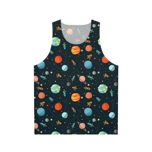 Unisex tank top with a galaxy-inspired cosmic design and space-themed icons