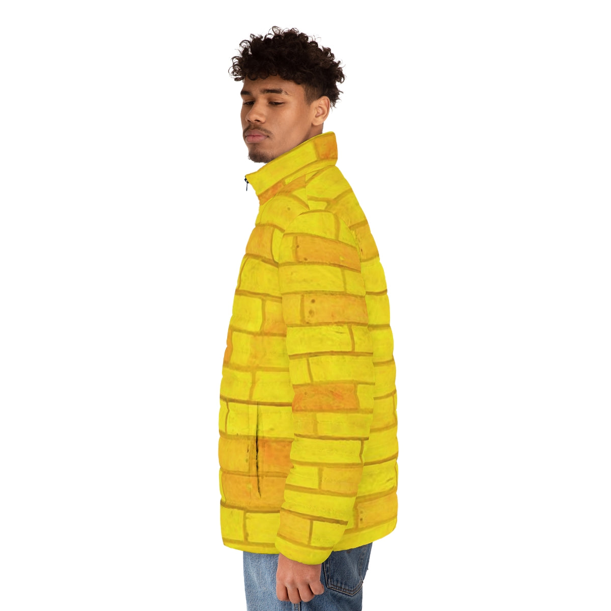 Person wearing a yellow puffer jacket with a brick road design, inspired by the Wizard of Oz - men side left